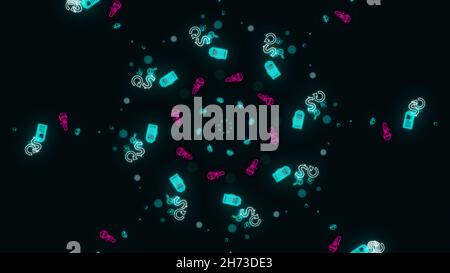 Animation of seamless loop. Abstract animation of multicolored neon social media network emojis icons rotating in spiral on the black background. Stock Photo