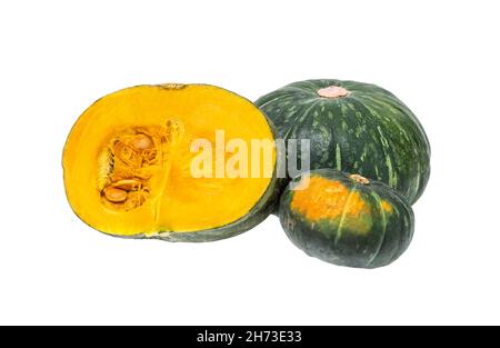 Three green fresh pumpkins isolated on white background Stock Photo