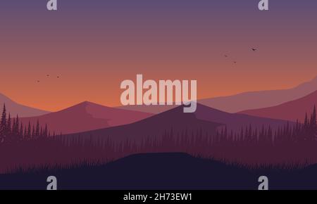 Incredible forest and mountains views from the outskirts of the city at dusk. Vector illustration Stock Vector