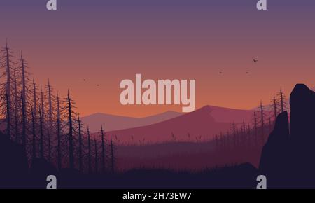The beautiful view of the mountains from the countryside at dusk in the afternoon. Vector illustration Stock Vector