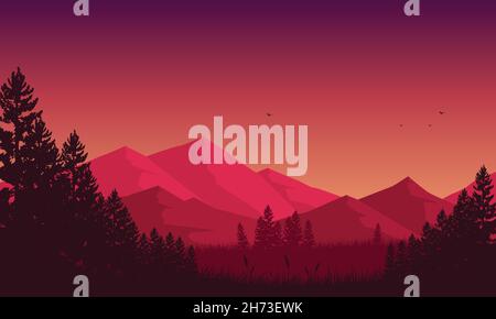 The view of the mountains from the out of the city is extraordinary at night. Vector illustration Stock Vector
