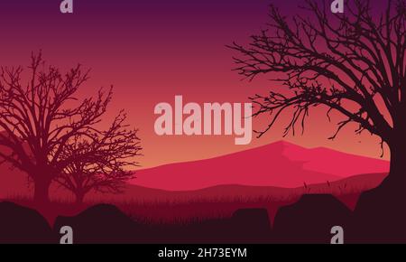 Incredible mountain view with an aesthetically pleasing silhouette of dry trees from the village at dusk. Vector illustration Stock Vector