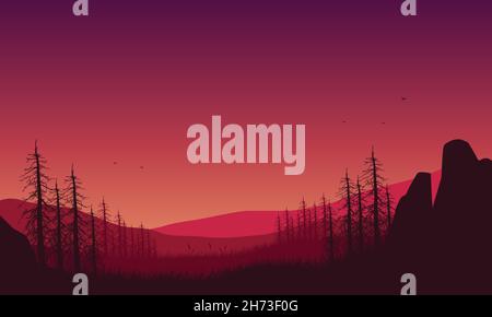 Wonderful view of the mountains from the out of the city at dusk. Vector illustration Stock Vector