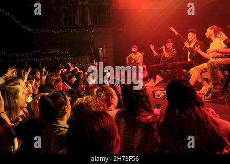 Southampton, UK. 18th Nov, 2021. L-R Maximillian 'Max' Albert George, Thomas 'Tom' Parker, Siva Kaneswaran, and Nathan James Sykes, with English-Irish boyband The Wanted performing an acoustic set and participating in a questions and answers session at The Brook. (Photo by Dawn Fletcher-Park/SOPA Images/Sipa USA) Credit: Sipa USA/Alamy Live News Stock Photo