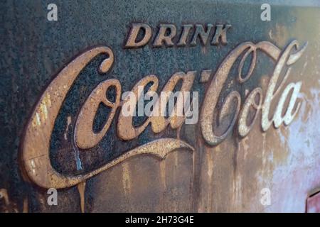 Weathered, vintage Coca-Cola cooler at Mark of the Potter in Clarkesville, Georgia. (USA) Stock Photo