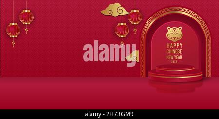 happy chinese new year with 3d podium on red background and copy space area. chinese new year design vector background Stock Vector