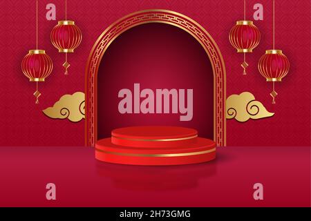 3d rounded podium for chinese new year theme with ornament lantern and cloud. luxury Chinese new year podium Stock Vector