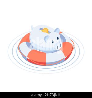 Flat 3d Isometric Piggy Bank On The Lifebuoy. Emergency Fund and Financial Crisis Concept. Stock Vector