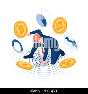 Flat 3d Isometric Businessman in Superhero Landing Poses with Bitcoin and Cryptocurrency. Cryptocurrency Investment Expert Concept. Stock Vector