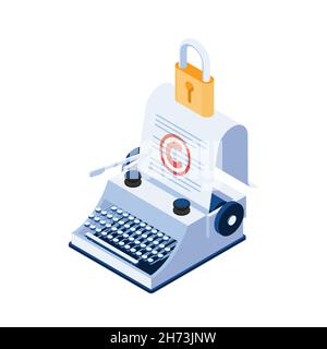 Flat 3d Isometric Typewriter with Copyright Document and Padlock. Copyright Protection Concept. Stock Vector