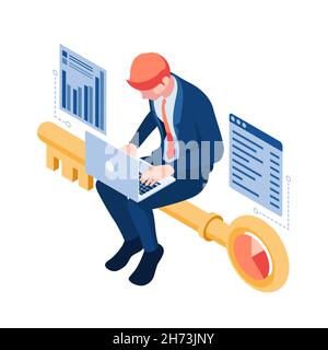 Flat 3d Isometric Businessman Working on Laptop and Sitting on Golden Key. Keyword Research Concept. Stock Vector