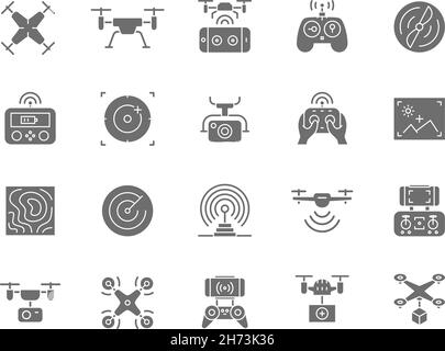 Set of Drone Grey Icons. Remote Controller, Propeller, Action Camera and more. Stock Vector