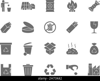 Set of Garbage Grey Icons. Waste Factory, Trash Truck, Container and more. Stock Vector
