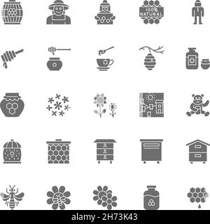 Set of Honey Grey Icons. Beekeeper, Protective Suit, Apiary, Beehive and more. Stock Vector