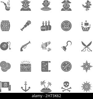 Set of Pirates Grey Icons. Sailor, Boatswain, Captain, Parrot, Ship and more. Stock Vector