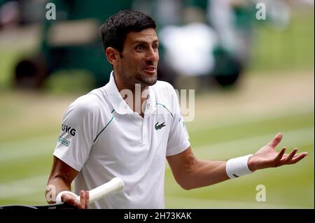 File photo dated 11-07-2021 of Novak Djokovic, whose participation in the Australian Open in January is in doubt after officials confirmed all players must be vaccinated in order to compete in the tournament. Issue date: Saturday November 20, 2021. Stock Photo