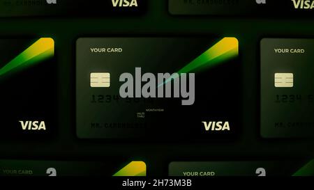 Abstract VISA credit cards, investment concept. Motion. Rows of new stylized credit or debit grey cards with a green ray moving on a dark background