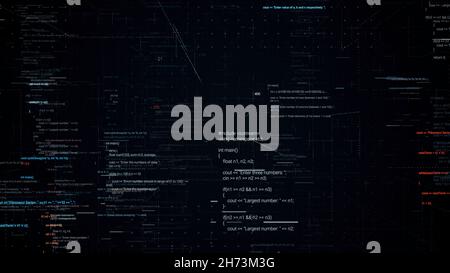 Moving through parts of the source code of a computer program in virtual space. Abstract flowing lines of changing symbols on black background, seamle Stock Photo