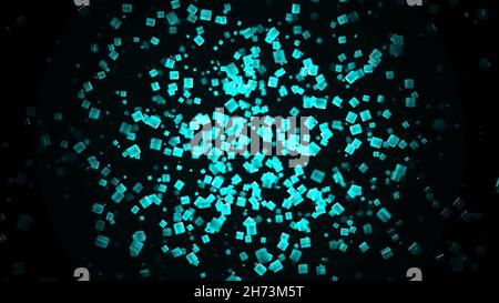 Computer generated abstract background, 3D rendering backdrop. Abstract animation of small neon multicolored 3d particles floating slowly on the black Stock Photo