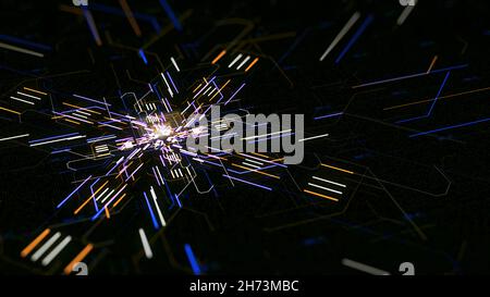 Lines create computer Board pattern. Animation. Pulsing neon lines moving from center creating pattern of motherboard. Computer neon pattern moves fro Stock Photo