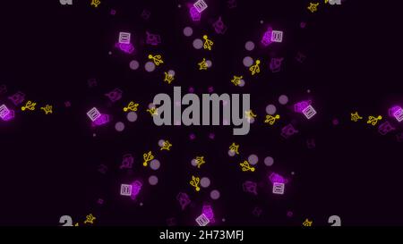 Animation of seamless loop. Abstract animation of multicolored neon social media network emojis icons rotating in spiral on the black background. Stock Photo