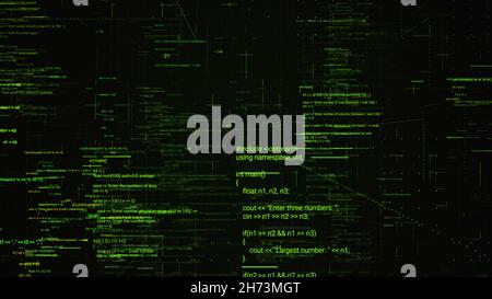 Moving through parts of the source code of a computer program in virtual space. Abstract flowing lines of changing symbols on black background, seamle Stock Photo