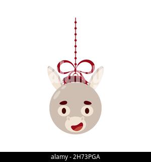Merry Christmas and new year ball with cute donkey. Cartoon winter holidays animal bauble. Vector stock illustration Stock Vector