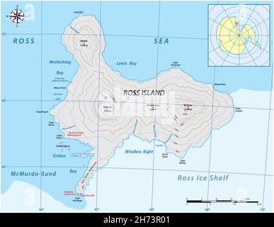 detailed vector map of the volcanic Ross Island in Antarctica Stock Vector