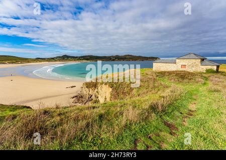 Santa Comba hermitge Christian chapel by Atlantic Ocean in Galicia, Spain Stock Photo