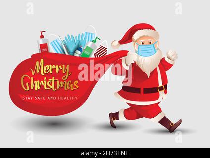 merry christmas, Santa claus walks wearing face mask in with a sanitizer, mask and gloves in the bag. covid-19, coronavirus concept. vector illustrati Stock Vector