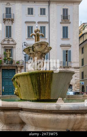 Piazza Farnese (Farnese Square), near Campo de Fiori, with a fountain built in 1626 by the architect Girolamo Rainaldi and the church of Santa Brigida Stock Photo