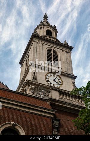 LONDON, UK - JULY 23, 2021:  Exterior view of the Tower of St Botolph without Bishopsgate Church in the City of London Stock Photo