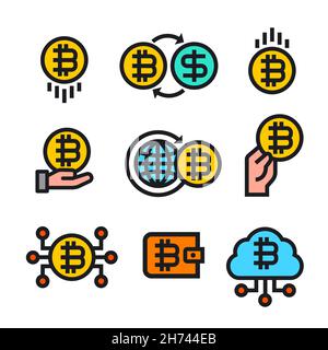 Illustration of the Blockchain And Cryptocurrency Bitcoin Icon Set Stock Vector