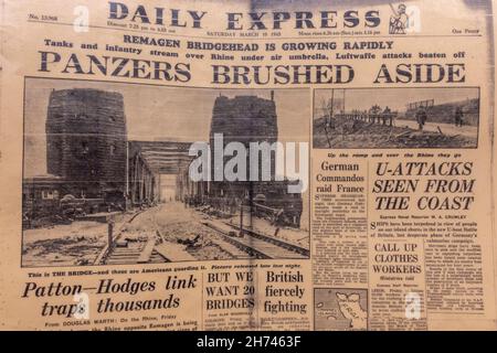 'Panzers Brushed Aside' front page headline following the taking of the Remagen Bridge, Daily Express, 10th March 1945. Stock Photo