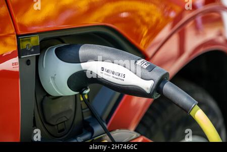 Abbington, Scotland - July 26th 2021 - An electric vehicle connected to a Mennekes My Power Connection plug at an electric vehicle charging point Stock Photo