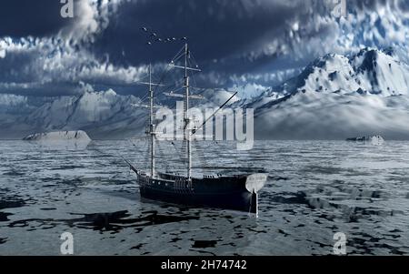 A Spanish Brig Sailing Ship Trapped In An Ice Field Stock Photo