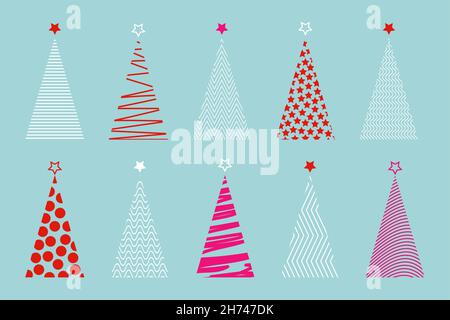 set of colorful vector stylized Christmas tree, logo icon festive isolated on blue background Stock Vector