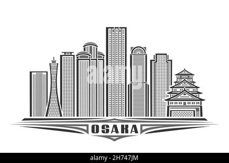 Vector illustration of Osaka, monochrome horizontal poster with linear design famous osaka city scape, urban line art concept with unique decorative l Stock Vector