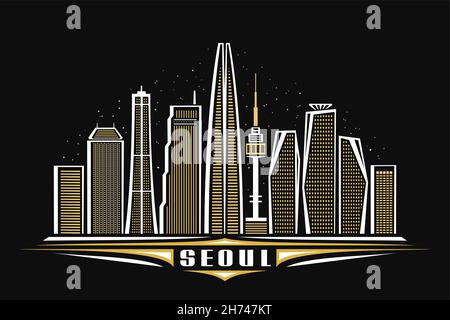 Vector illustration of Seoul, dark horizontal poster with linear design famous seoul city scape on dusk starry sky background, asian urban line art co Stock Vector