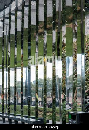 Mirrored colonnade of Gasholder Park, King’s Cross, London. Stock Photo