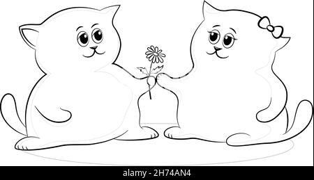 Cartoon Cat Boy Gives a Flower to a Cat Girl as a Sign of Love and Friendship, Black Contours Isolated on White Background. Vector Stock Vector