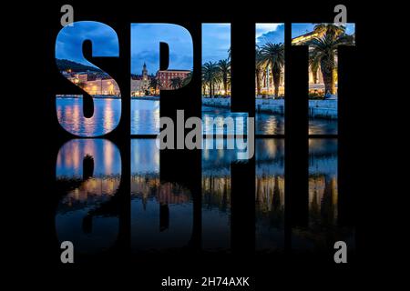 Split text composed of city landscape on black background with text reflection in water. Stock Photo