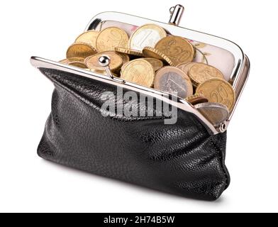 Black wallet with coins isolated on white background Stock Photo