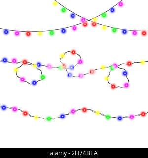 Christmas lights isolated realistic design elements. Glowing garlands. Vector illustration. Stock Vector