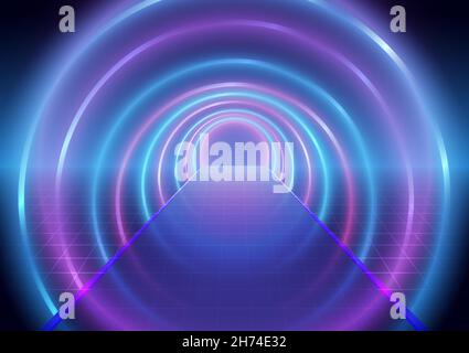 Futuristic blue and pink neon laser rings with blur shadow. Ultraviolet fluorescent light tunnel Background Stock Vector