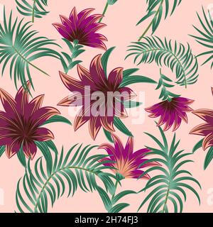 Seamless vector pattern with tropical palm leaves and flowers, jungle background,  plants, botanical design for fashion, fabric, wallpaper Stock Vector