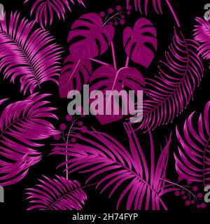 Velvet Violet seamless vector pattern of tropical  leaves of palm tree and flowers. Botany dark background, jungle  wallpaper. Stock Vector