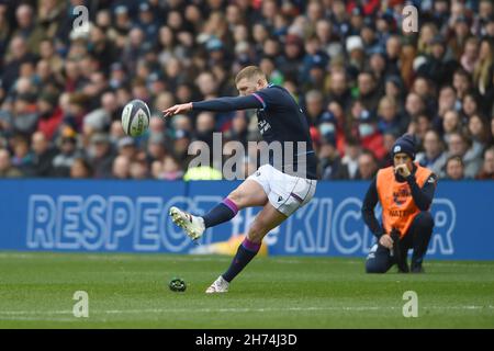Edinburgh, UK. 20th November 2021.  Finn Russell of Scotland misses the conversion after the 1st try during the Autumn Nation Series match at Murrayfield Stadium, Edinburgh. Picture credit should read: Neil Hanna / Sportimage Credit: Sportimage/Alamy Live News Stock Photo