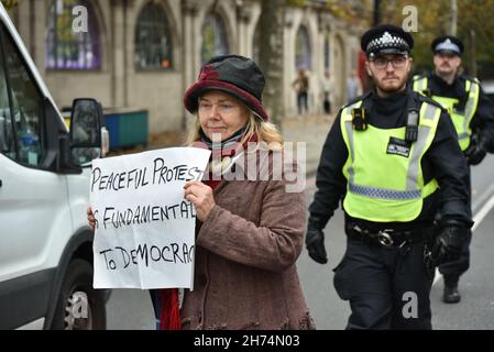 London, UK. 20 November 2021. Insulate Britain supporters, which include Extinction Rebellion, gather outside the Royal Courts of Justice in London to protest against the government and the jailing of 9 activists. Credit: Andrea Domeniconi/Alamy Live News Stock Photo
