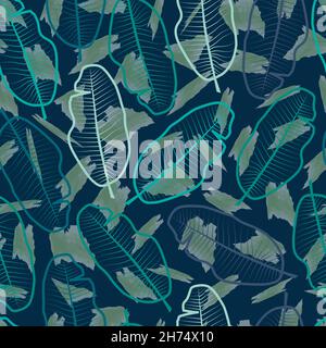 Trendy seamless graphic ditsy seamless pattern design of tropical banana leaves. Artistic composite overlay. Vector repeat texture background Stock Vector